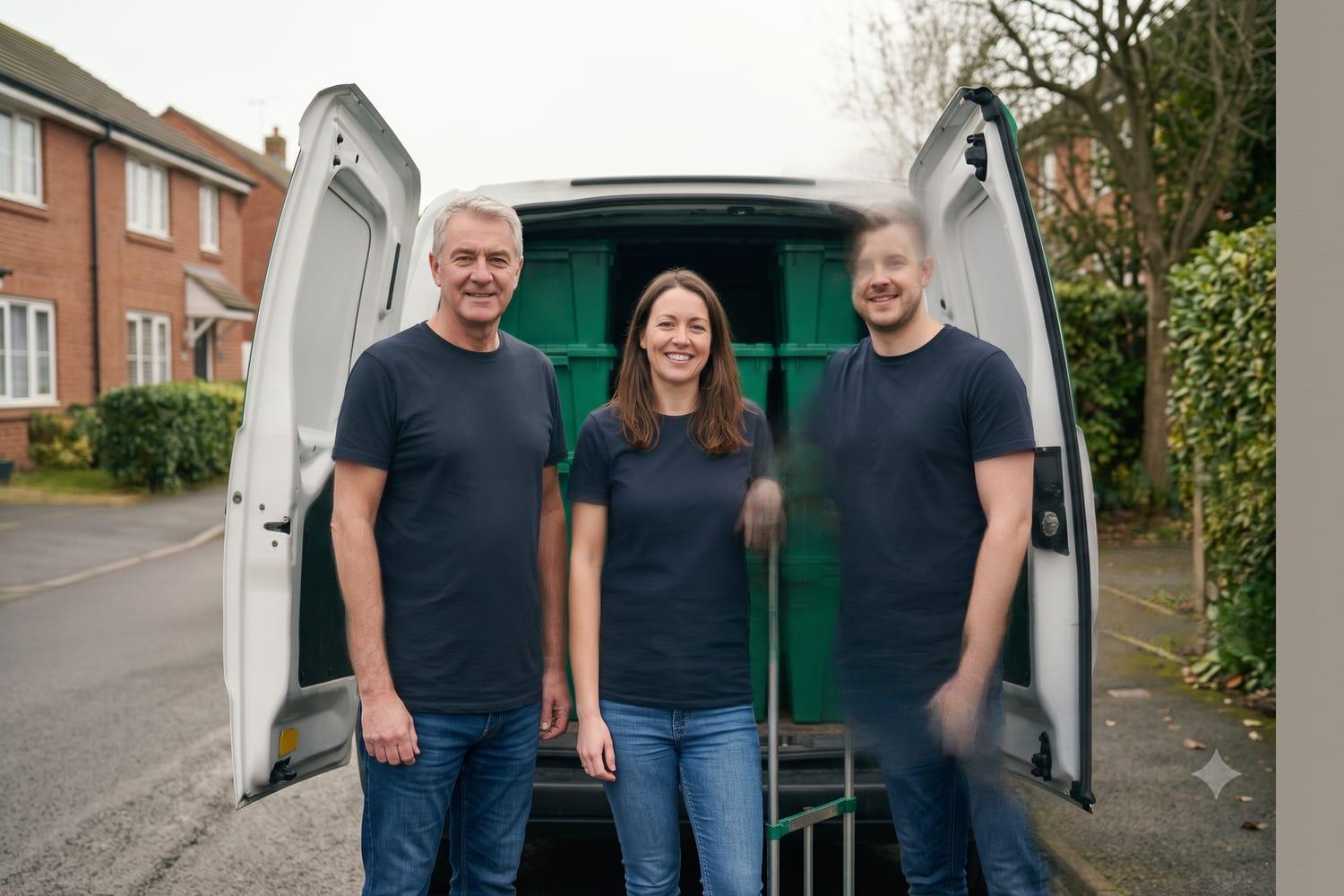 The local Evergreen Crates family team beside a van loaded with green moving crates