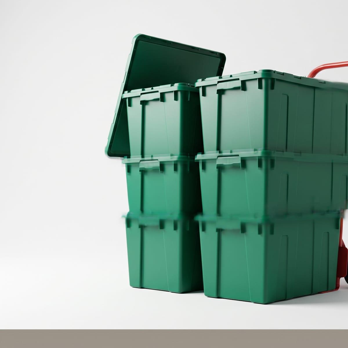 A neat stack of green reusable moving crates with clip-shut lids and a dolly