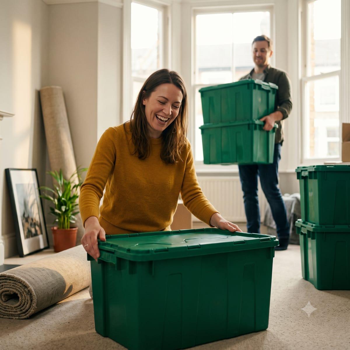 A happy couple packing belongings into green reusable moving crates on moving day