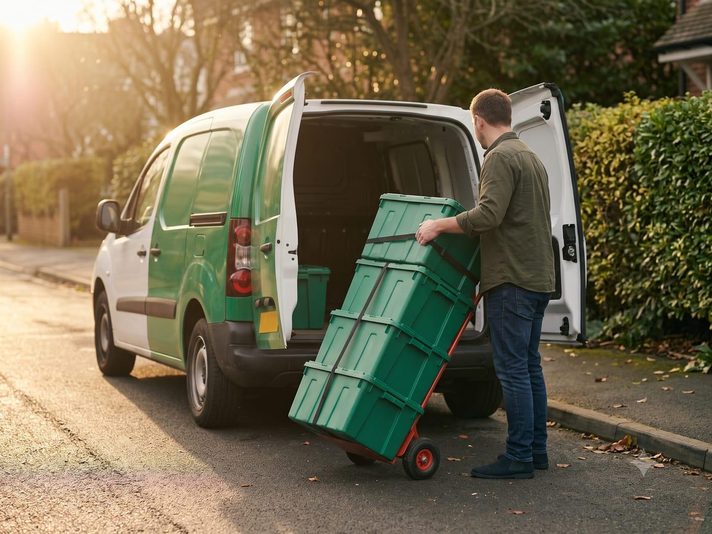 A customer handing crates back to the delivery team after their move