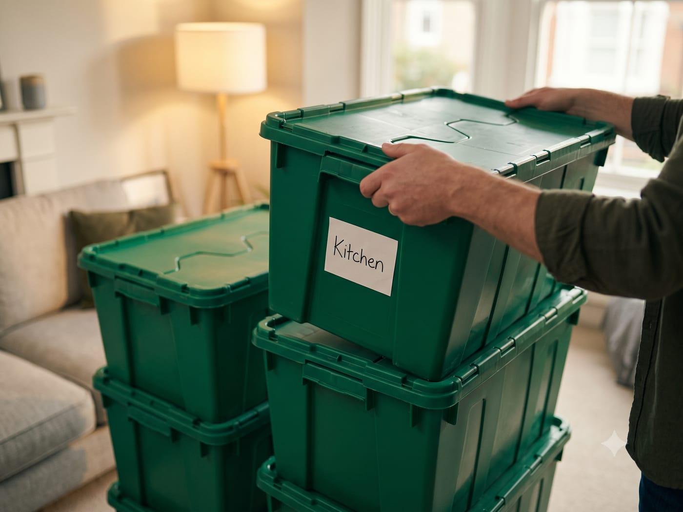 Green crates neatly packed and labelled, loaded in a moving van