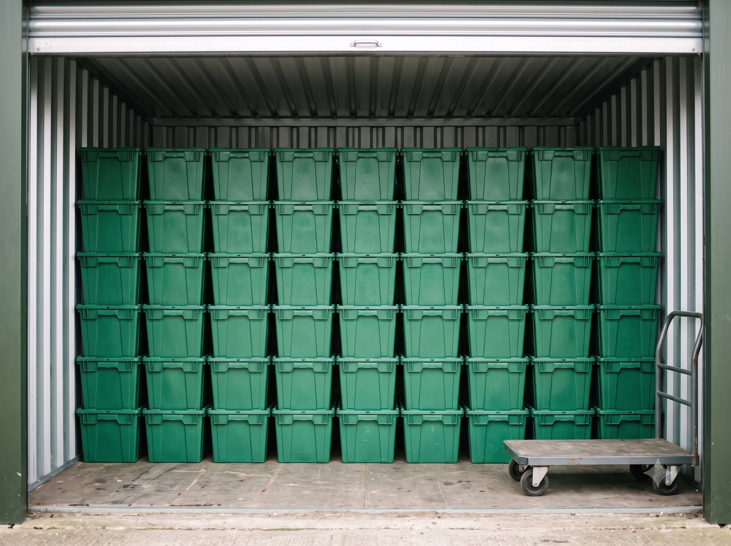 Green reusable crates stacked floor to ceiling inside a self-storage unit, showing how much fits