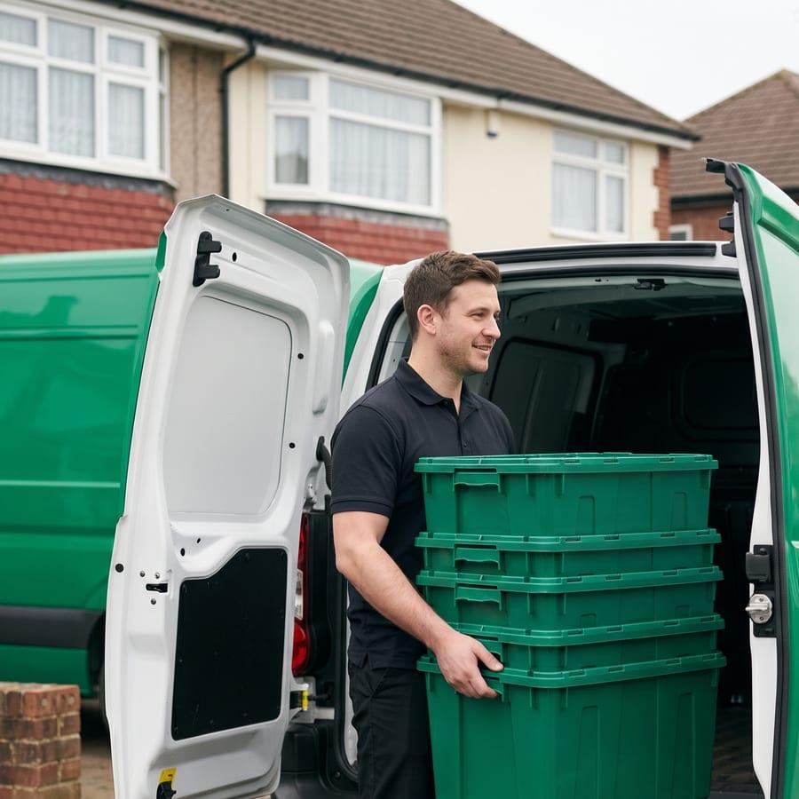 The Evergreen Crates team collecting empty green crates into the van after a move