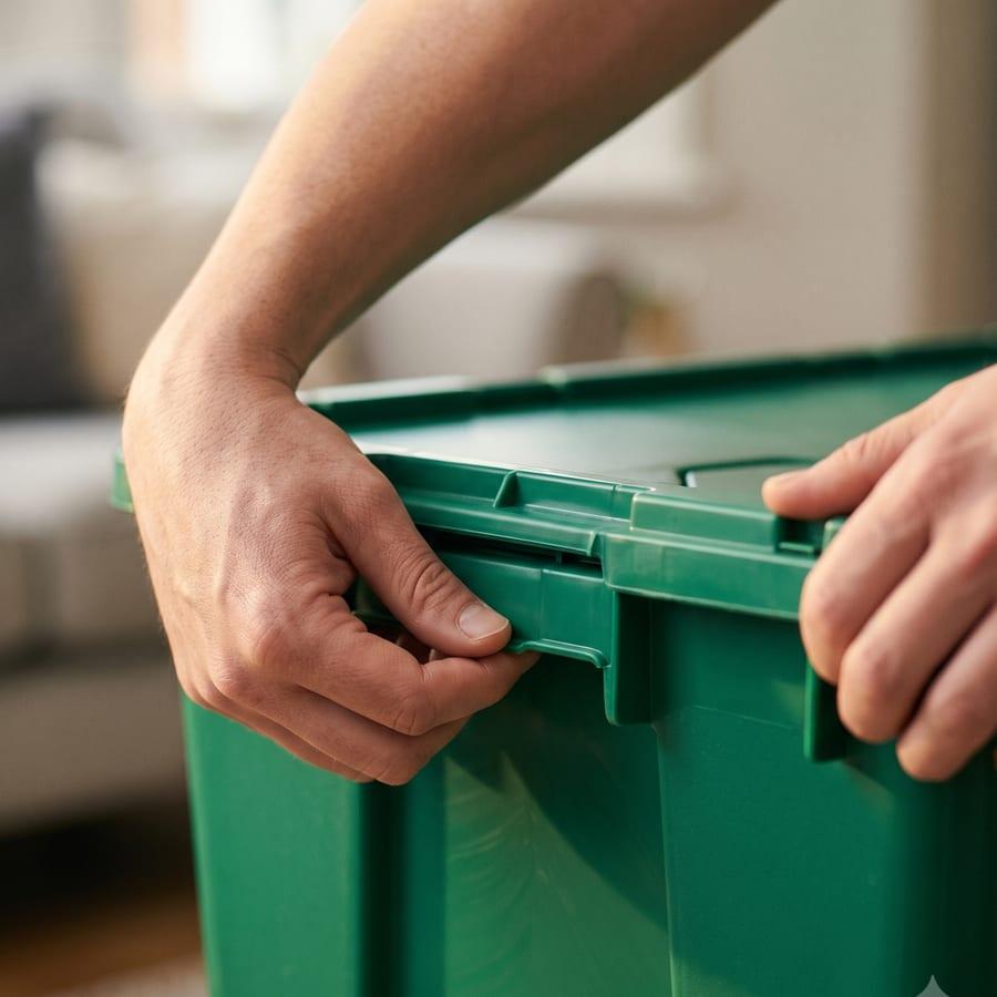 A hand clipping a green moving crate lid shut with no tape needed